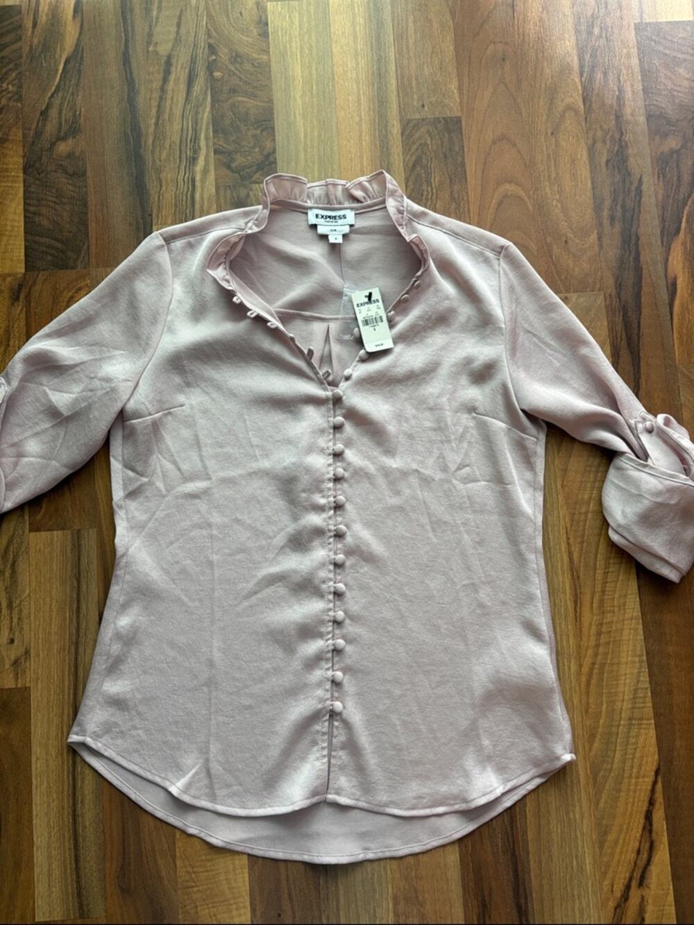 Express Women's Light Blush Pink Ruffle Collar Button-Up Blouse NWT